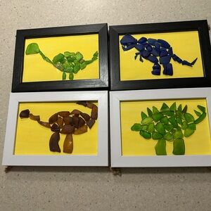 4. 4x6 Framed Dinosaur and Tree Sea Glass Art Set